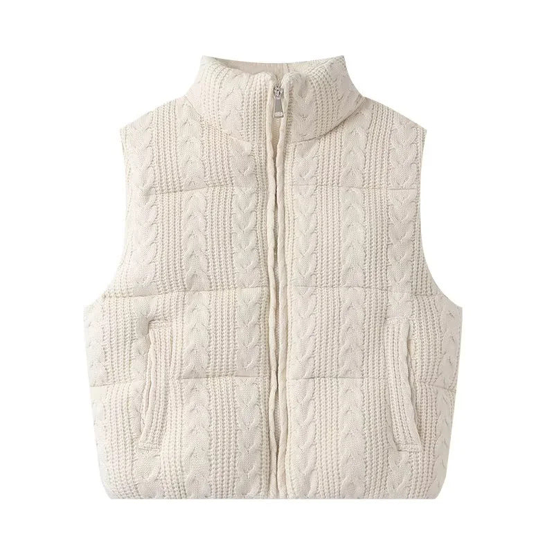 Damen nan gesteppte Strickweste mit Zopfmuster, Stehkragen und Reißverschluss Echo Archiv