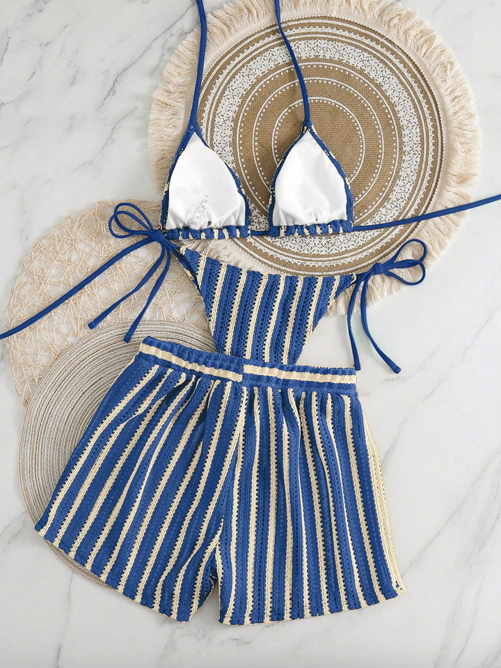 Damen Bikini-Set mit gerafftem Oberteil und hoch taillierten Shorts Echo Archiv