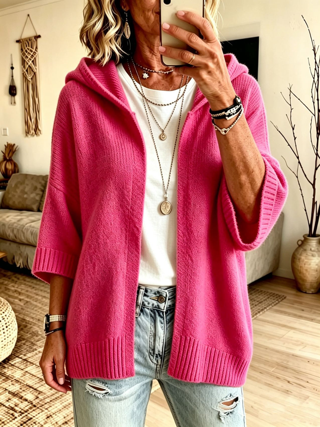 Damen Kapuzen-Longcardigan aus grobem Strick mit 3/4-Ärmeln und offener Front – Veloura