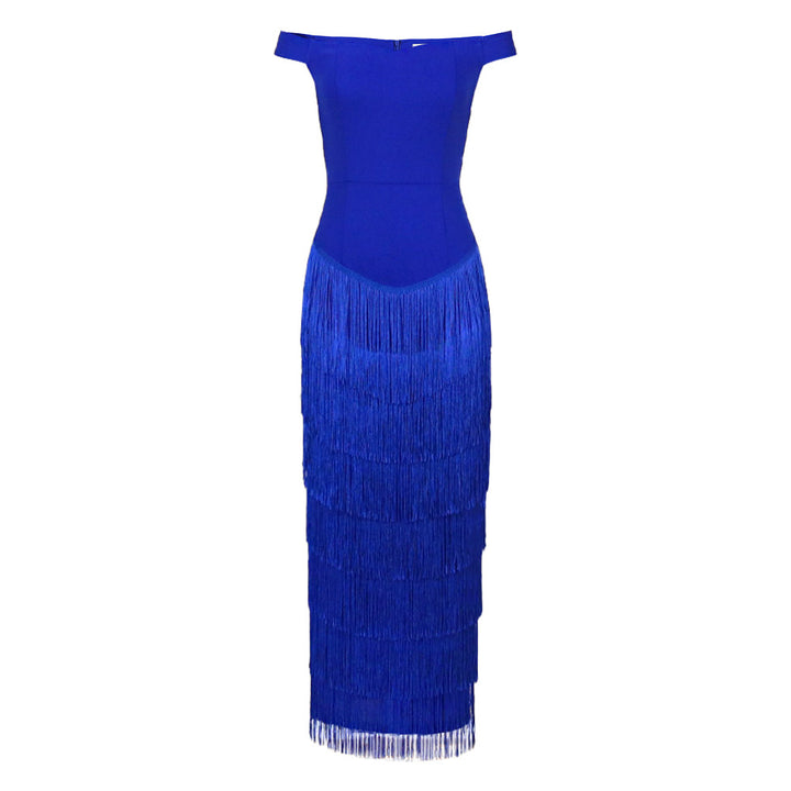 Damen glamouröses Abendkleid mit schulterfreien Rüschen und Fransen Echo Archiv