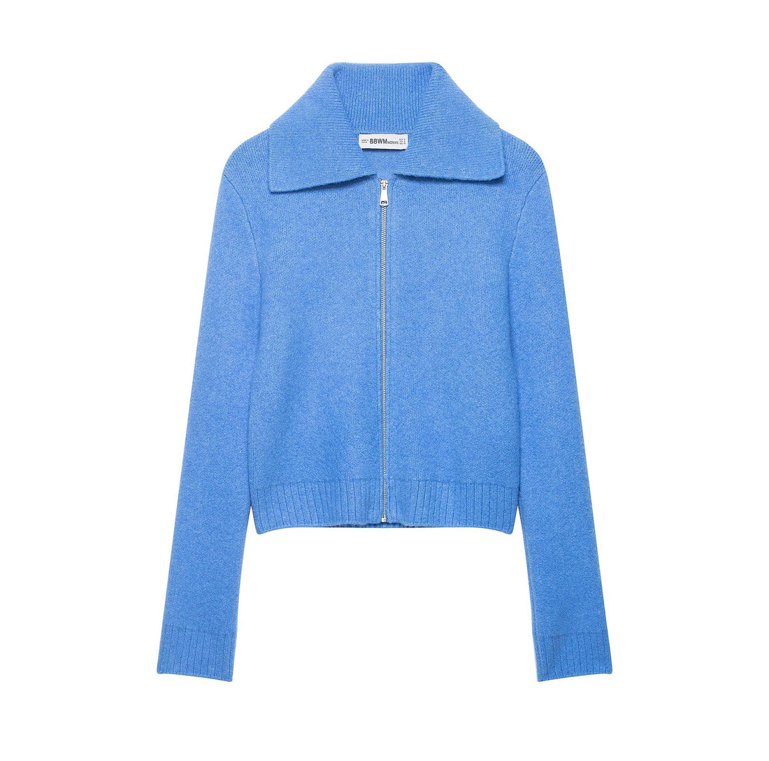 Damen Grobgestrickte Kurzjacke mit Reißverschluss, weitem Kragen und geripptem Saum Echoarchiv