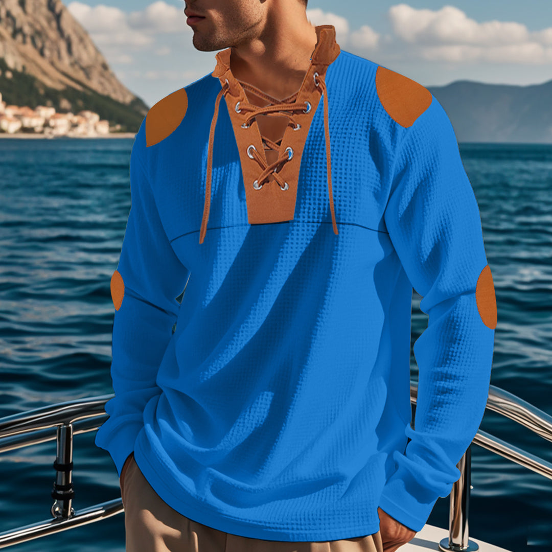 Herren langärmliges Henley-Shirt mit dekorativem Schnürdesign Echoarchiv
