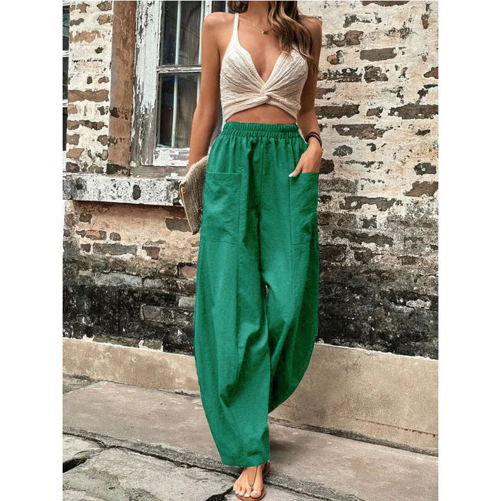 Damen Weite Leinenhose mit elastischem Bund, aufgesetzten Taschen und lässigem Harem-Schnitt Echoarchiv