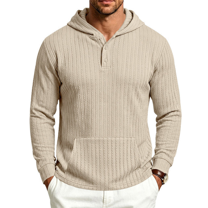 Herren Strukturiertes Kapuzen-Henley-Pullover mit Kängurutasche und Zopfstruktur Echoarchiv