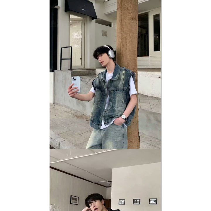 Herren Denim-Weste im Vintage-Used-Look mit Destroyed-Taschen und kastiger Passform Echoarchiv