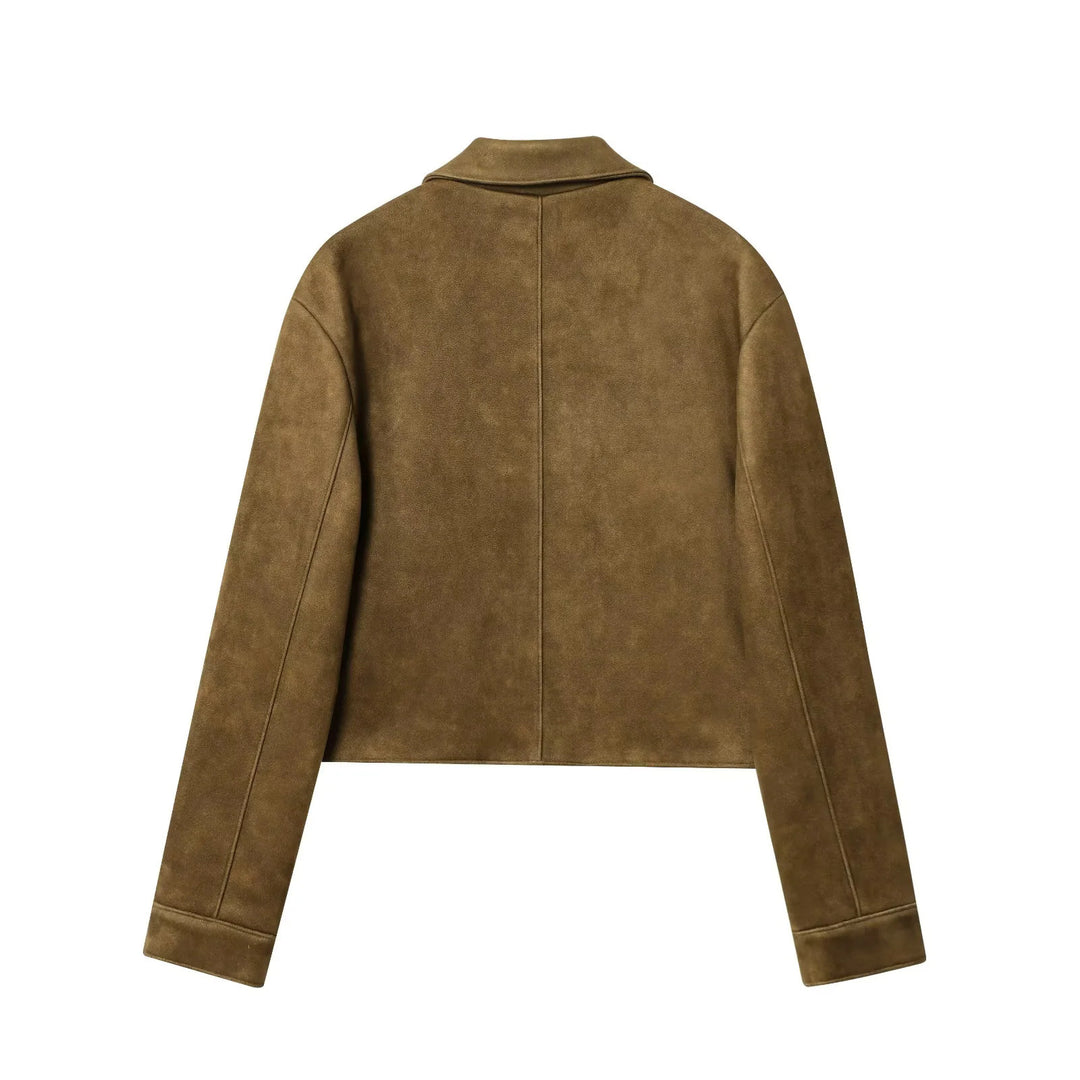 Damen kurzgeschnittene Veloursimitat-Übergangsjacke mit Hemdkragen und verdeckter Knopfleiste – Célinea