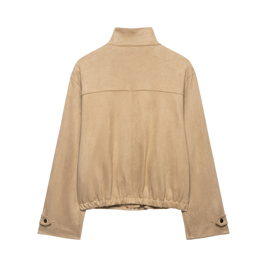 Damen Kurze Boxy-Jacke in Veloursoptik mit Stehkragen und Druckknopfleiste Echoarchiv