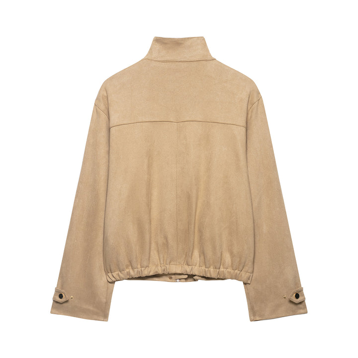 Damen Kurze Boxy-Jacke in Veloursoptik mit Stehkragen und Druckknopfleiste Echoarchiv