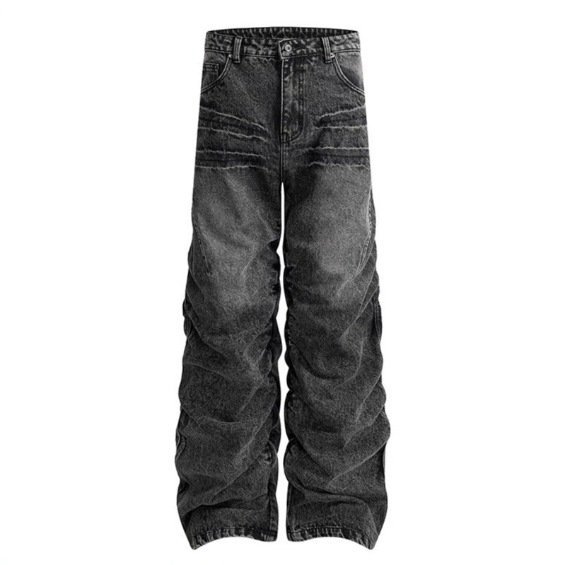 Damen weite High-Waist Denim-Hose im Baggy-Look mit gerafften Beinen und Vintage-Wash Echoarchiv