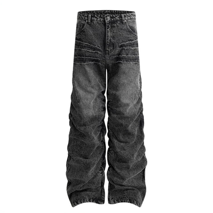 Damen weite High-Waist Denim-Hose im Baggy-Look mit gerafften Beinen und Vintage-Wash Echoarchiv