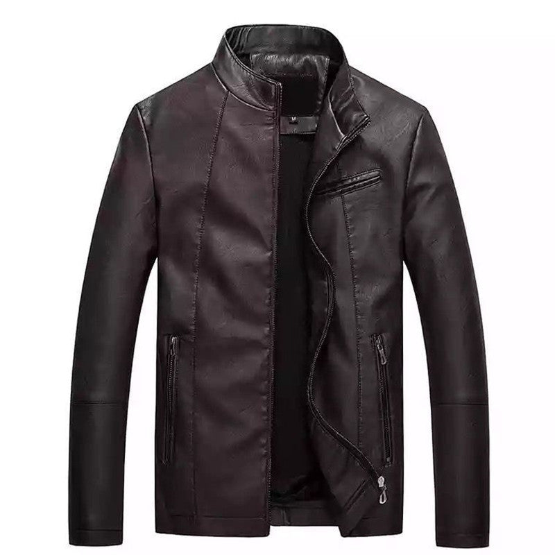 Herren Slim-Fit Kunstlederjacke mit Stehkragen und Reißverschlusstaschen Echoarchiv