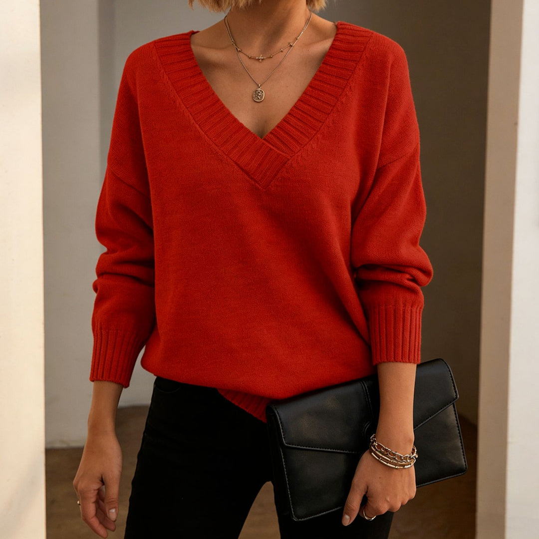 Damen Feinstrickpullover mit tiefem V-Ausschnitt und überschnittener Schulter – Mavelle