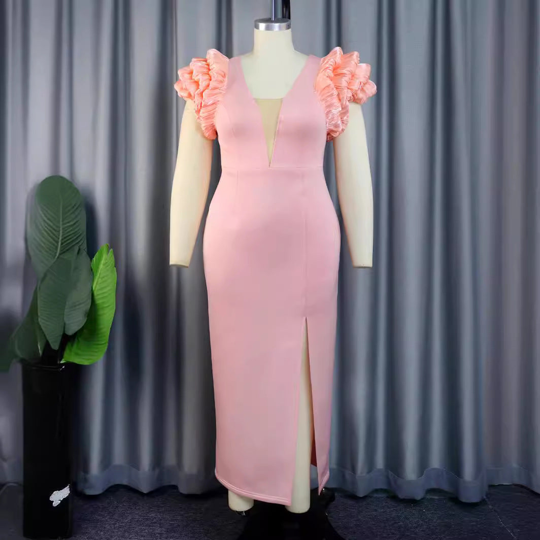 Damen Maxikleid mit extravagantem Volant und tiefem V-Ausschnitt Echo Archiv