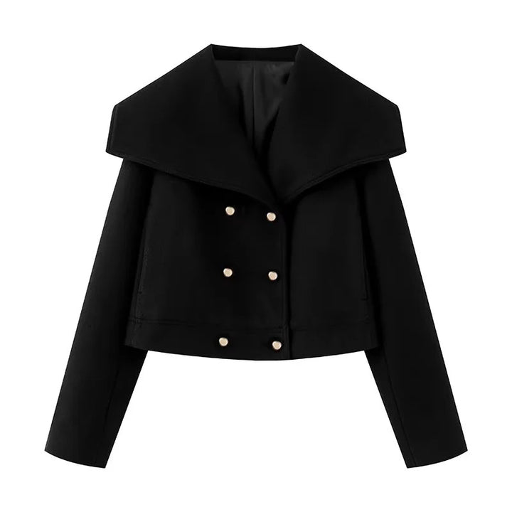 Damen cropped marineinspirierter Kurzmantel-Blouson mit übergroßem Schalkragen und dekorativer Doppelknopfleiste – Célinea