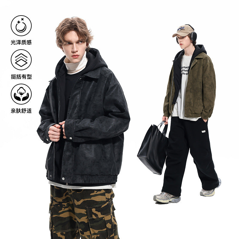 Herren Oversized Velourslederoptik Bomberjacke mit Kapuze und Doppelreißverschluss Echo Archiv