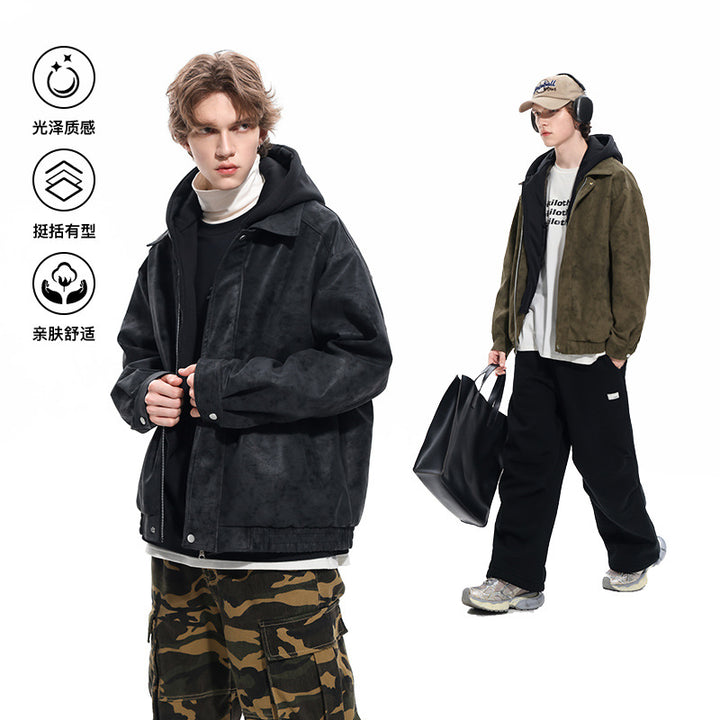 Herren Oversized Velourslederoptik Bomberjacke mit Kapuze und Doppelreißverschluss Echo Archiv