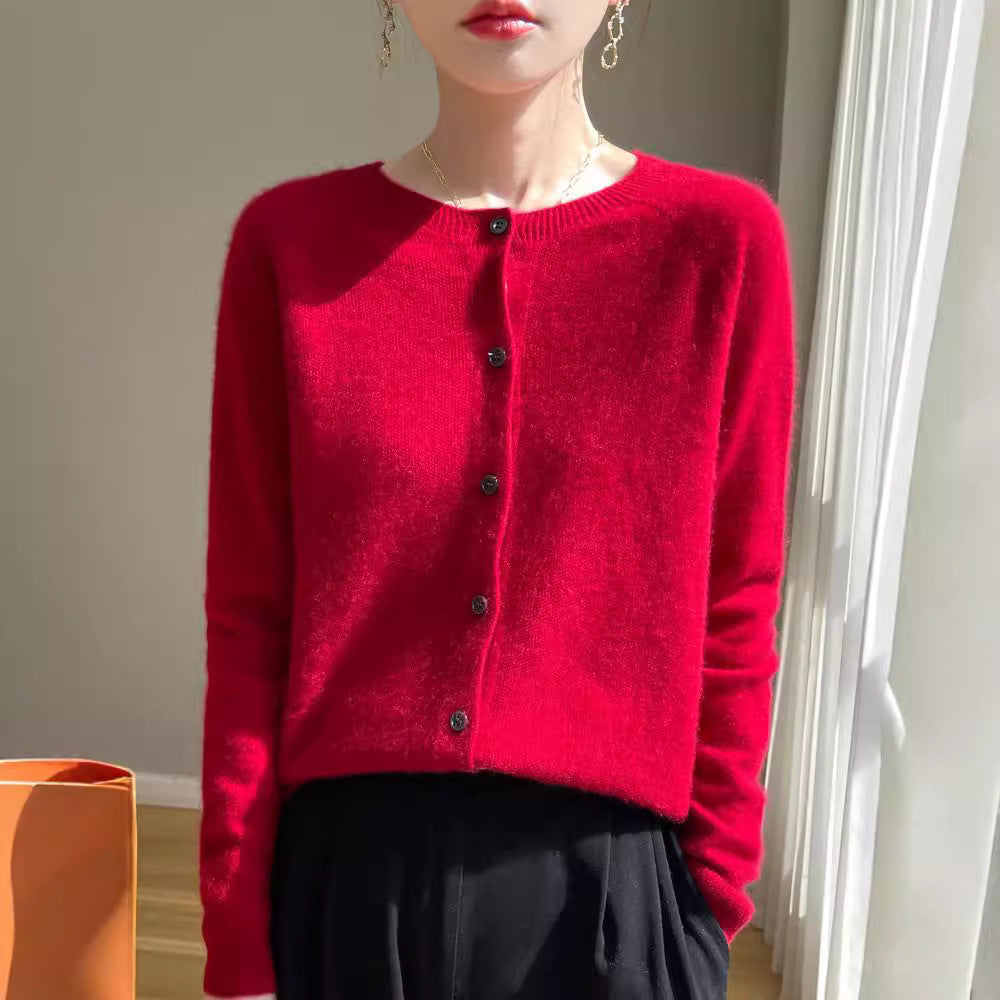 Damen Kurzgeschnittener Feinstrick-Cardigan mit Rundhalsausschnitt und schimmernder Knopfleiste Echoarchiv