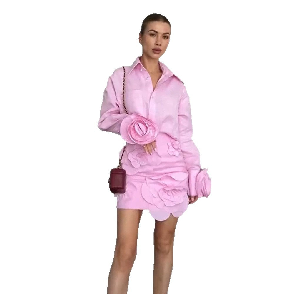Damen Hemdblusen-Minirock-Set mit voluminösen 3D-Rosenapplikationen und Perlendetails Echoarchiv