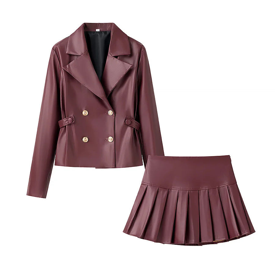 Damen tailliertes Doppelreiher-Blazer- und Faltenmini-Set aus veganem Leder – Valéne