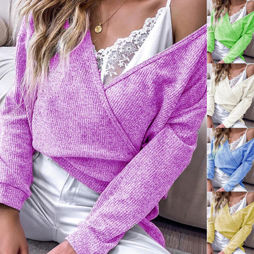 Damen feiner Strickwickelpullover mit tiefem V-Ausschnitt, überschnittenem Schulter und melierter Textur Echoarchiv