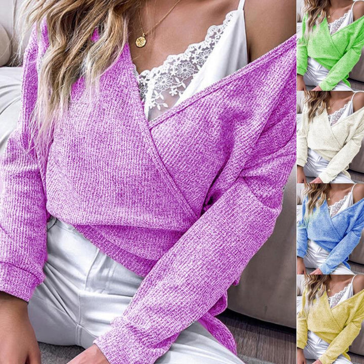 Damen feiner Strickwickelpullover mit tiefem V-Ausschnitt, überschnittenem Schulter und melierter Textur Echoarchiv