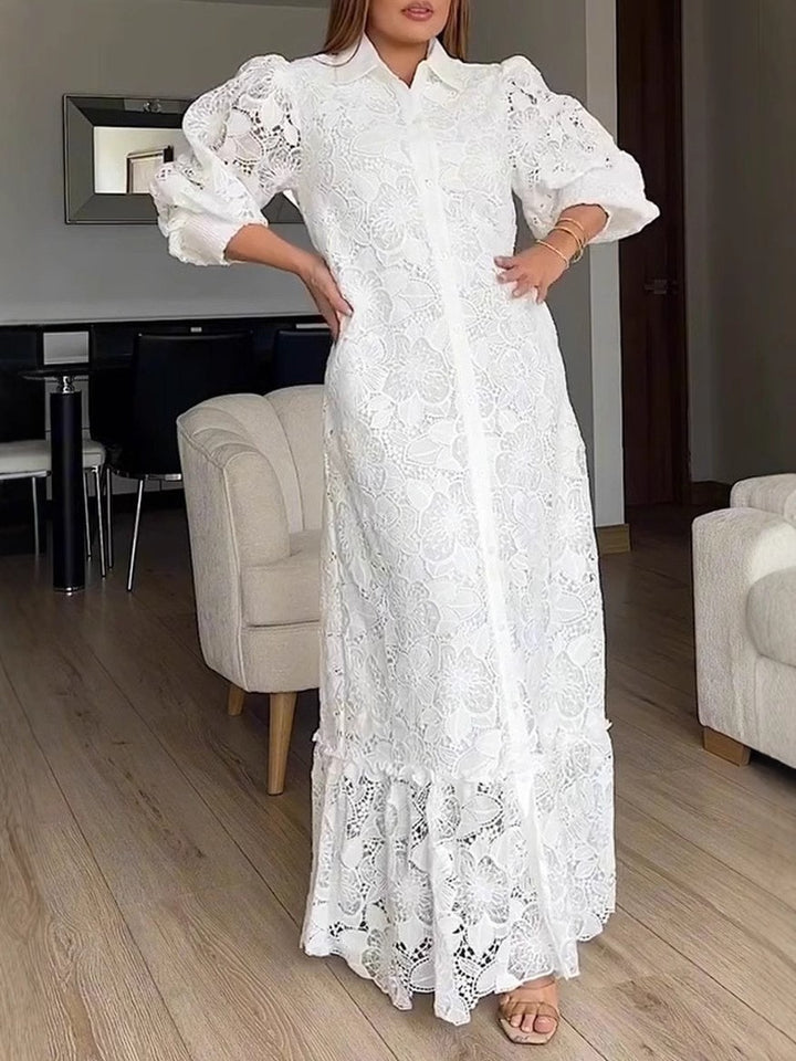 Damen nan Maxikleid aus Häkelspitze mit Hemdkragen und Puffärmeln Echo Archiv