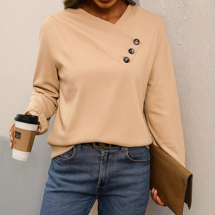 Damen Asymmetrische V-Ausschnitt Bluse mit Zierknopfleiste und Langarm – Élovi