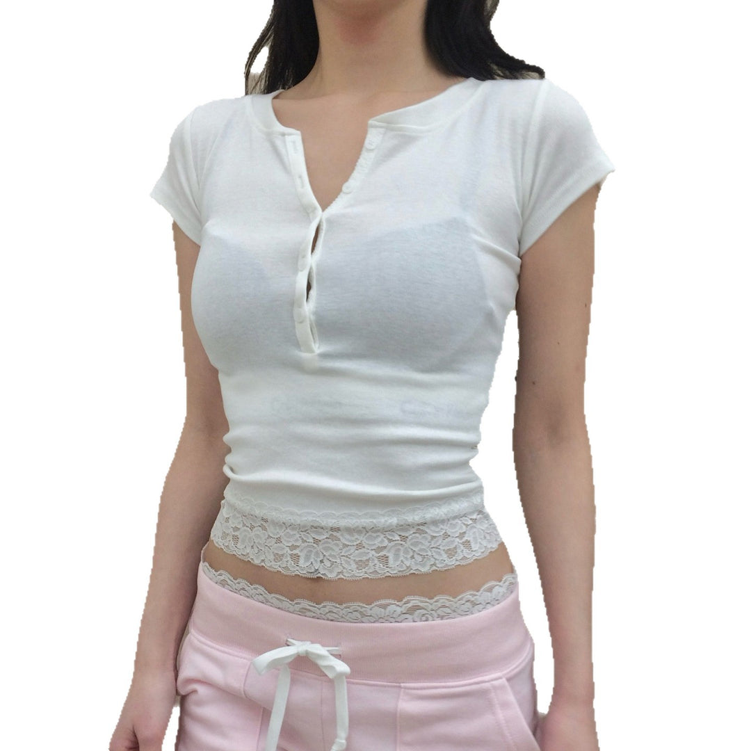 Damen figurbetontes Oberteil mit Spitzenbordüre Echo Archiv