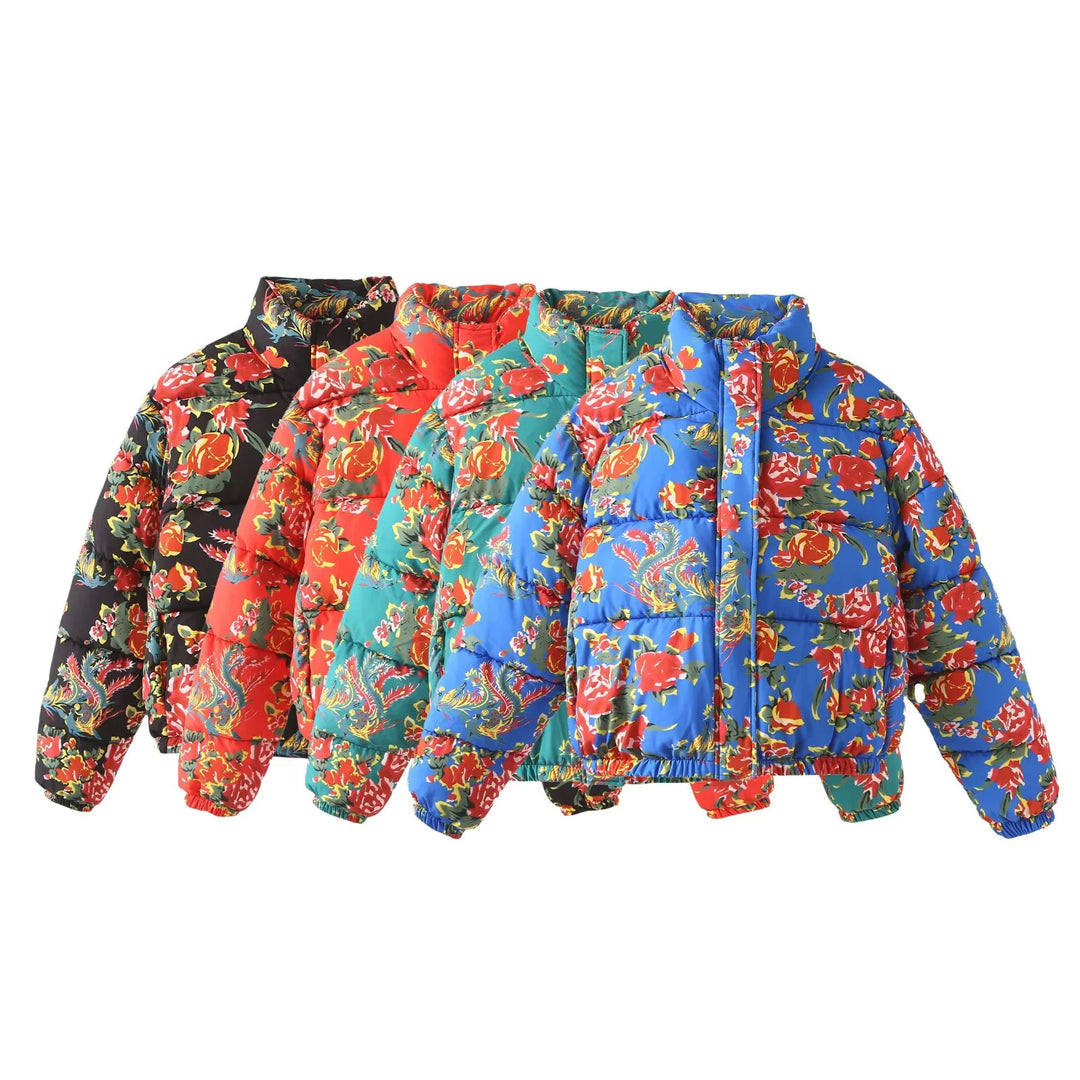 Damen nan gesteppte Daunenoptik Steppjacke mit floralem Alloverprint, Stehkragen und elastischem Saum Echo Archiv