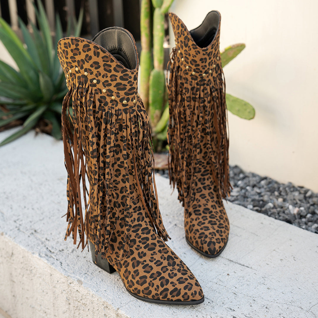 Damen Wadenhohe Wildleder Westernstiefel mit langen Fransen und Ziernieten – Lioré