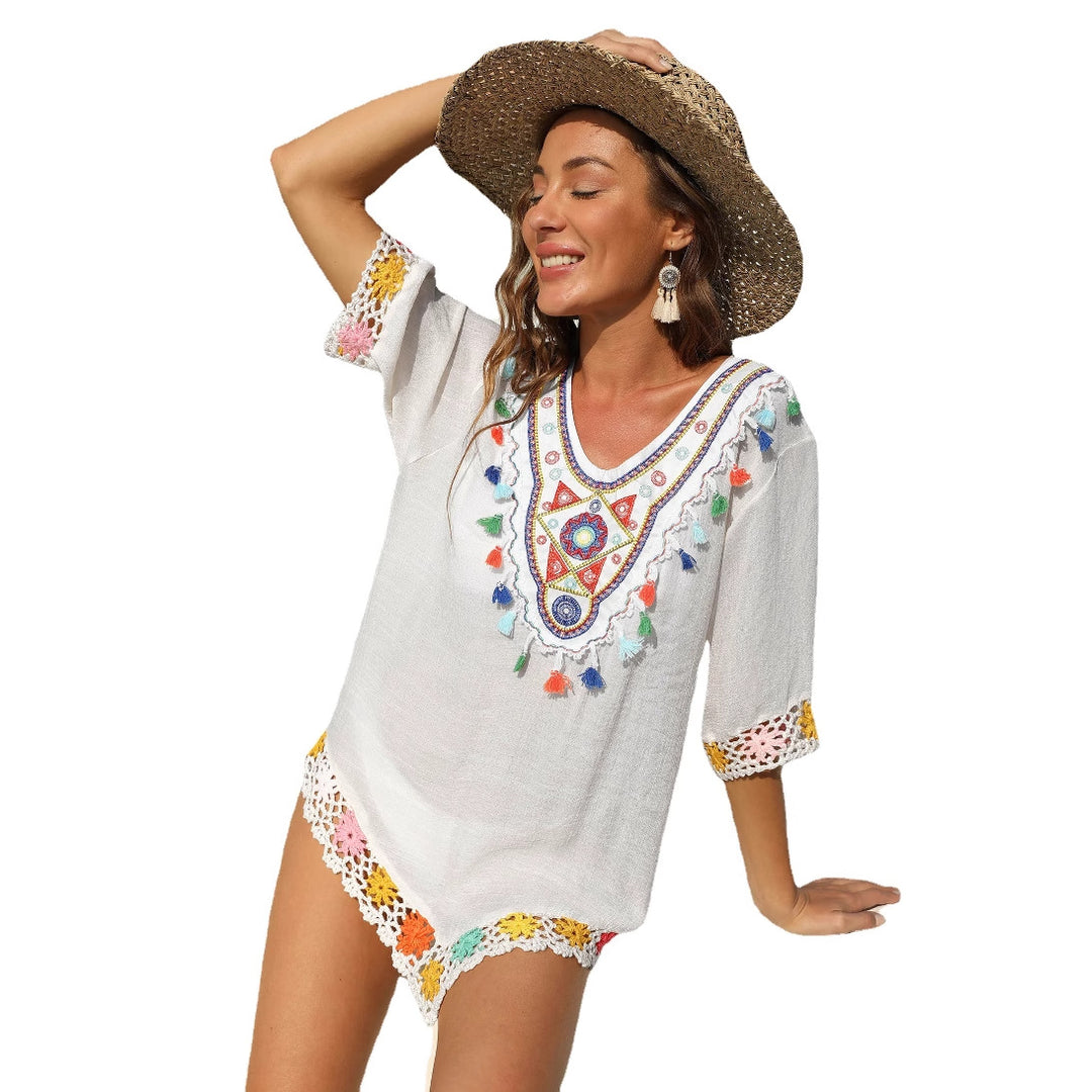 Damen luftiger Kaftan mit buntem Häkelmuster Echo Archiv