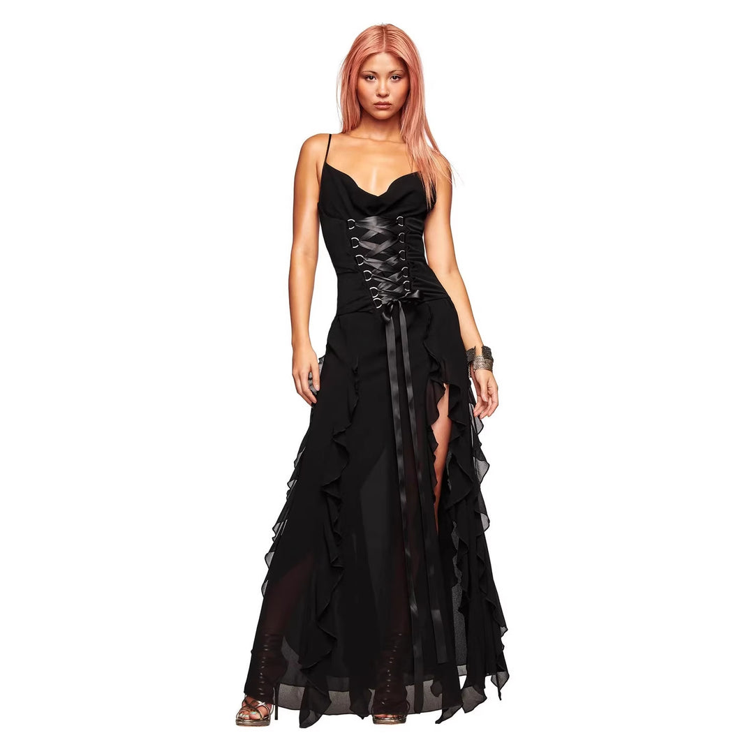 Damen Elegantes Wickelkleid mit Rüschen und Schnürdetails Echo Archiv