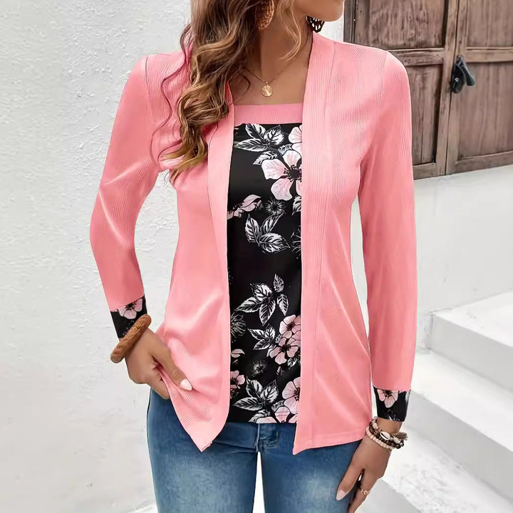 Damen Offener Longcardigan mit strukturierter Crinkle‑Optik und floralem Einsatztop – Veloura