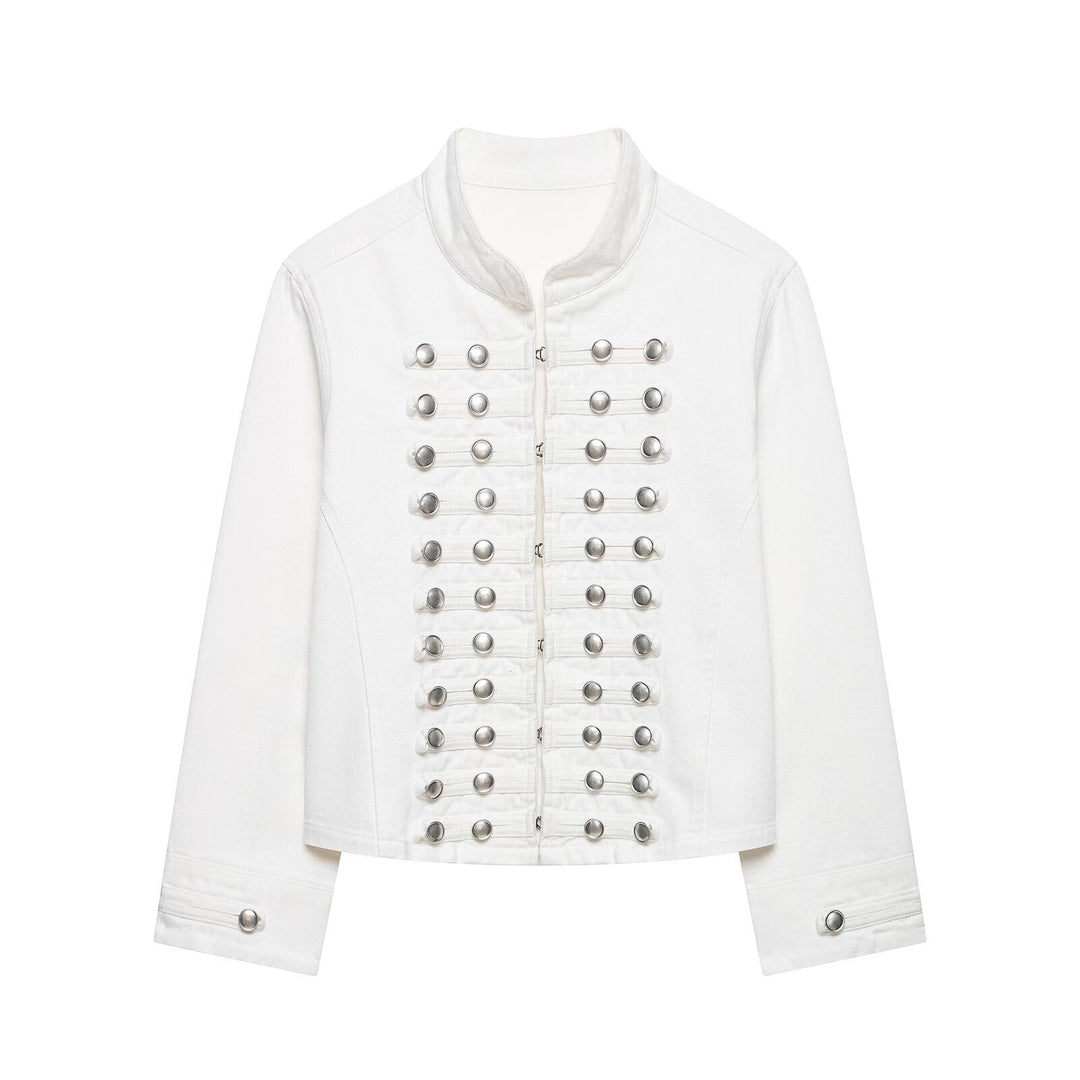 Damen Taillierte Denim‑Blazerjacke im militärisch inspirierten Marschallstil mit Zierknopfleiste Echo Archiv