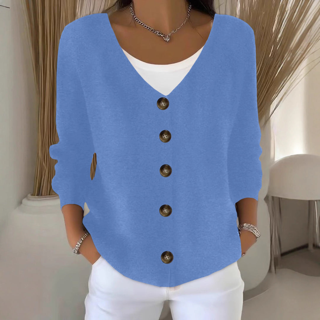 Damen Lockerer V-Ausschnitt Feinstrick-Cardigan mit Holzknopfleiste – Veloura