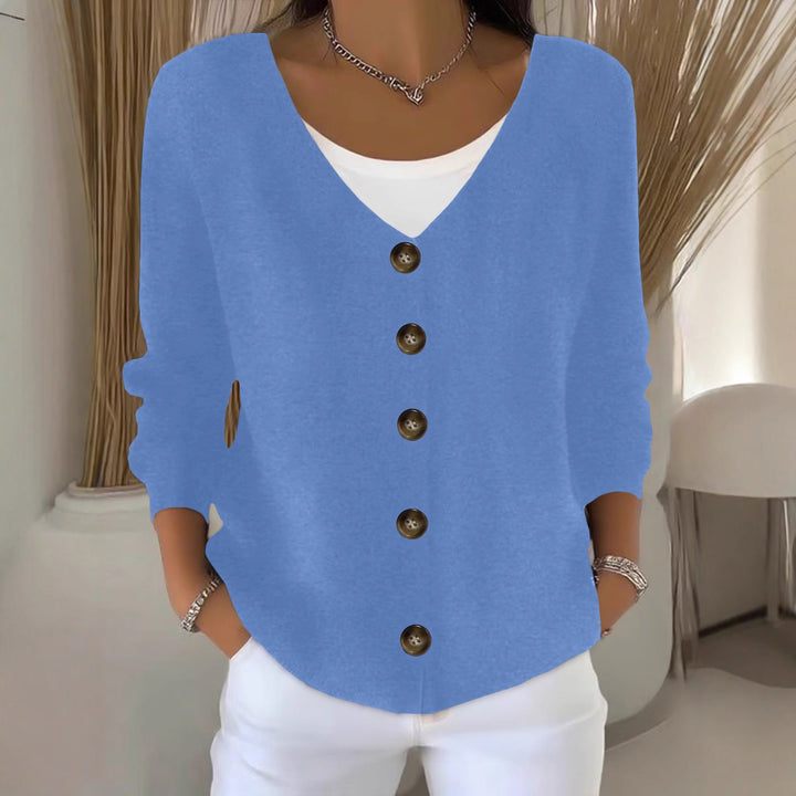 Damen Lockerer V-Ausschnitt Feinstrick-Cardigan mit Holzknopfleiste – Veloura