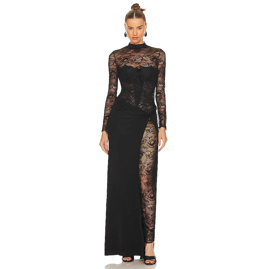 Damen Lange Spitze Kleid mit transparenten Einsätzen und elegantem Schlitz Echo Archiv