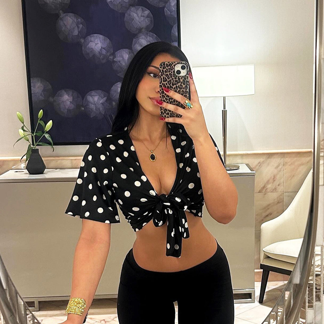 Damen lässige Bluse mit großen Punkten und Bindegürtel Echo Archiv