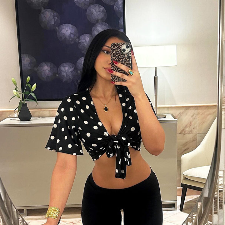 Damen lässige Bluse mit großen Punkten und Bindegürtel Echo Archiv