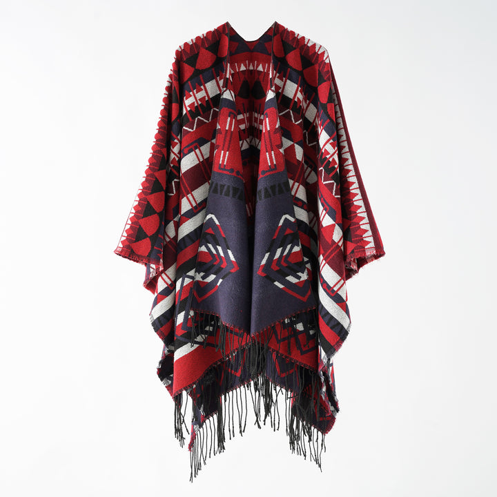 Damen Geometrisch gemusterter Wollmix‑Poncho mit Zipfel und Fransen Echo Archiv
