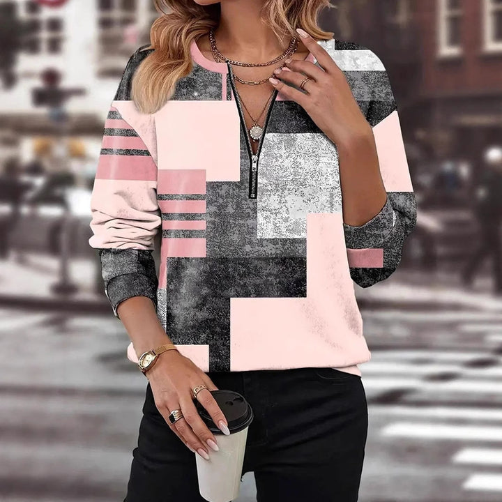 Damen nan Casual Sweatshirt mit kurzem V-Reißverschluss, grafischem Blockmuster und legerer Passform Echo Archiv