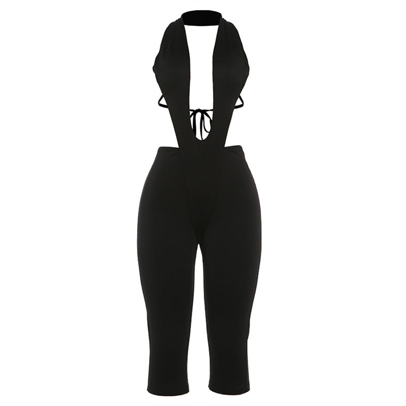 Damen figurbetonter Jumpsuit mit tiefem V-Ausschnitt und Bindegürtel Echo Archiv