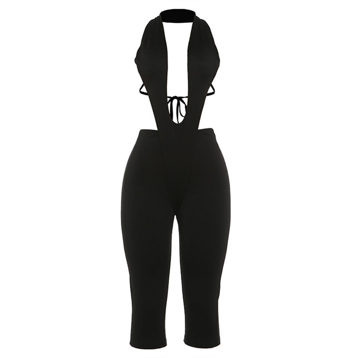 Damen figurbetonter Jumpsuit mit tiefem V-Ausschnitt und Bindegürtel Echo Archiv