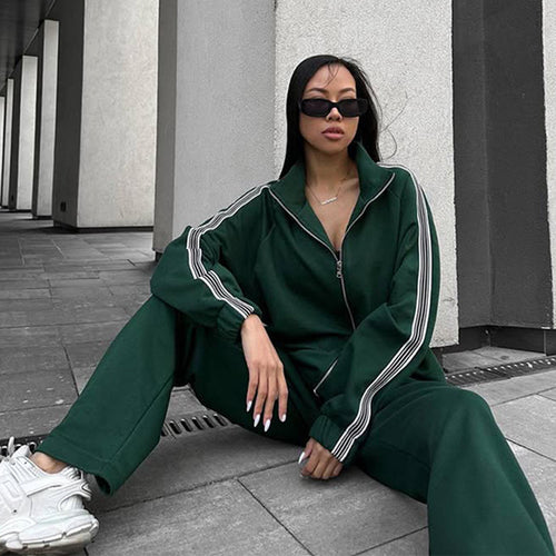 Damen Oversized Velours-Trainingsjacke mit markanten Kontraststreifen und geripptem Stehkragen – Auréline