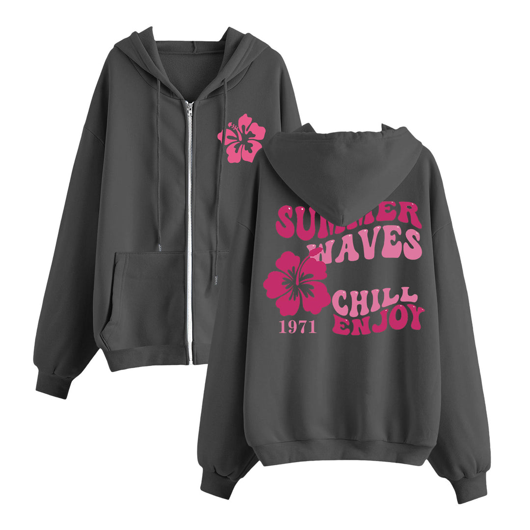 Damen entspannter Zip-Hoodie mit tropischem Hibiskus-Print, Kängurutaschen und gerippten Bündchen – Auréline