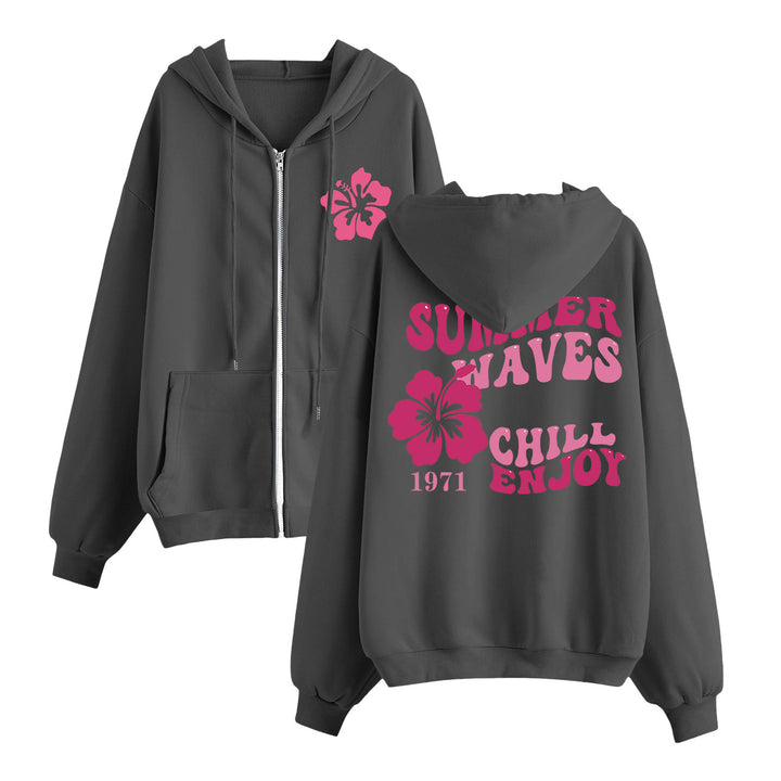 Damen entspannter Zip-Hoodie mit tropischem Hibiskus-Print, Kängurutaschen und gerippten Bündchen – Auréline