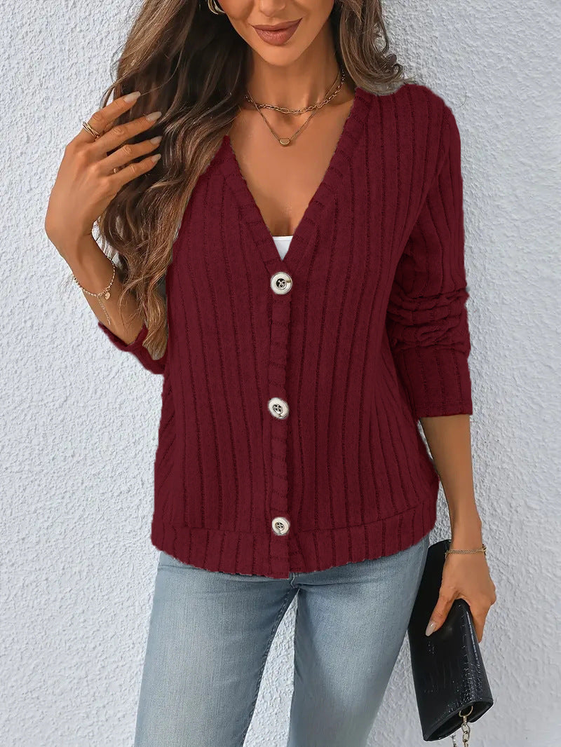 Damen nan gerippter V-Ausschnitt Strickcardigan mit dekorativen Knöpfen, leicht überschnittener Schulter und kastigem Saum Echo Archiv