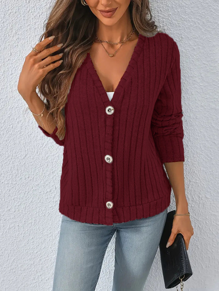Damen nan gerippter V-Ausschnitt Strickcardigan mit dekorativen Knöpfen, leicht überschnittener Schulter und kastigem Saum Echo Archiv