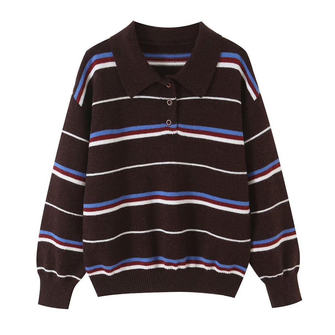 Damen Gestreifter Strickpolopullover mit kurzer Knopfleiste und Rippbündchen Echoarchiv