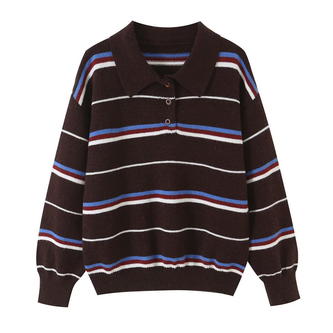 Damen Gestreifter Strickpolopullover mit kurzer Knopfleiste und Rippbündchen Echoarchiv